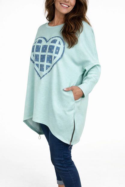 Sparkle Denim Heart Zip Side Detail Maria Sweatshirt - Mint