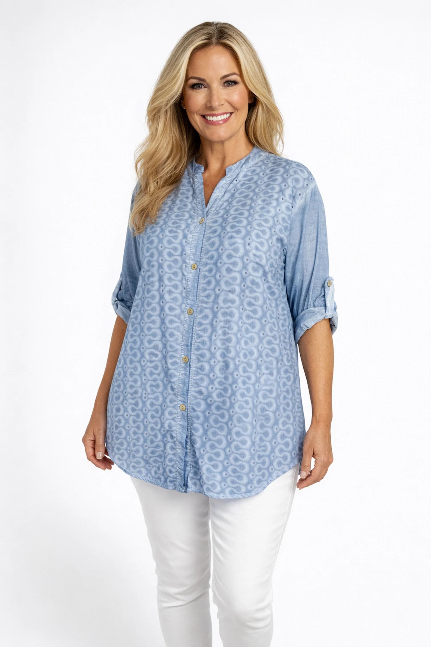 Cotton Button Sleeve Embroidery Anglaise Detail Tatiana Button Shirt - Washed Denim