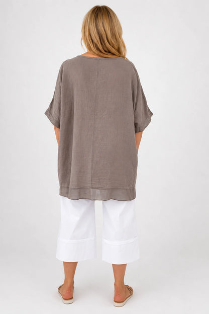 Pure Cotton Mesh Detail Pocketed Portofino Necklace Top - Mocha