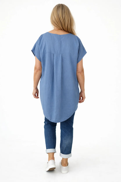 Pure Cotton Embroidery Anglaise Flower Amara Necklace Top - Denim