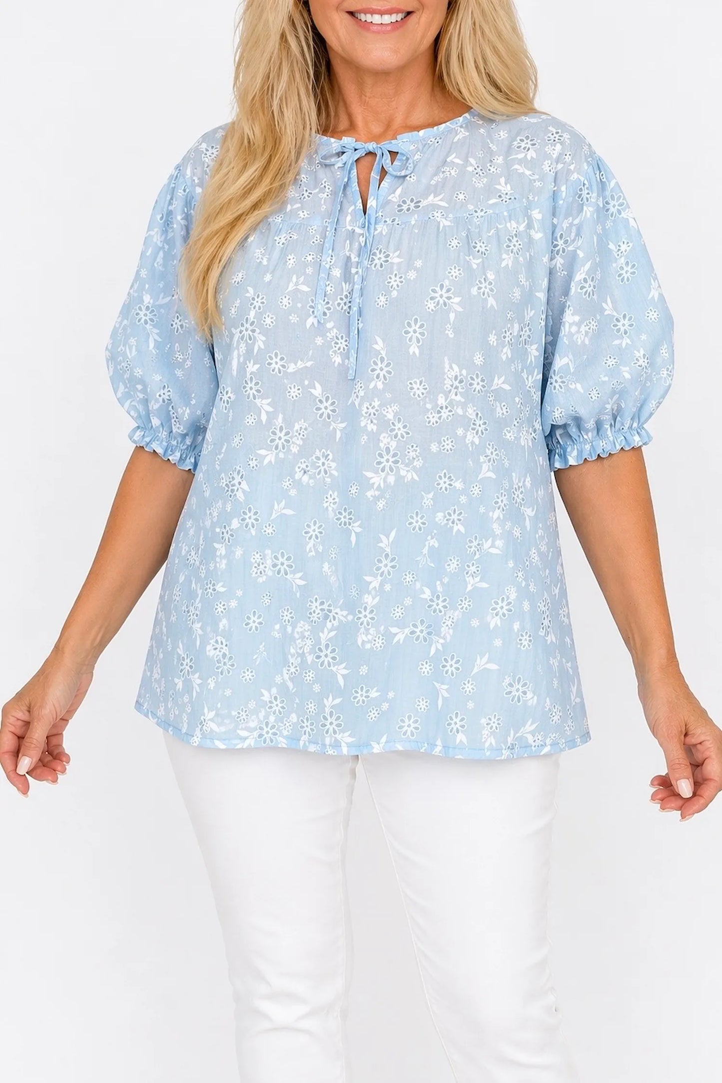 Embroidered Floral Tied Detail Calara Blouse - Baby Blue
