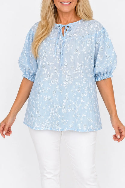 Embroidered Floral Tied Detail Calara Blouse - Baby Blue