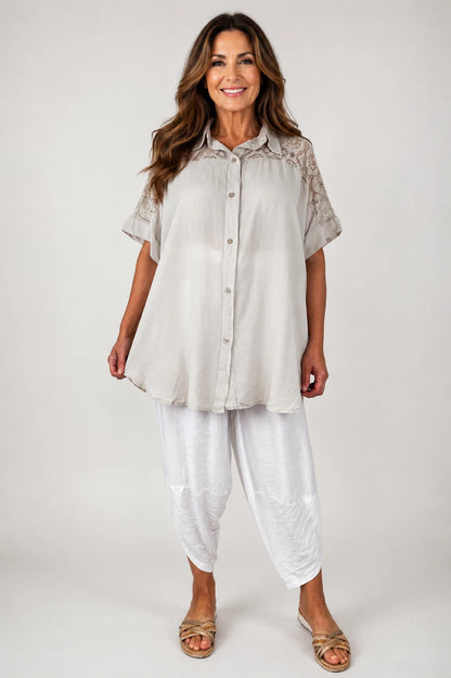 Lace Crochet Shoulder Alexandra Button Shirt - Beige