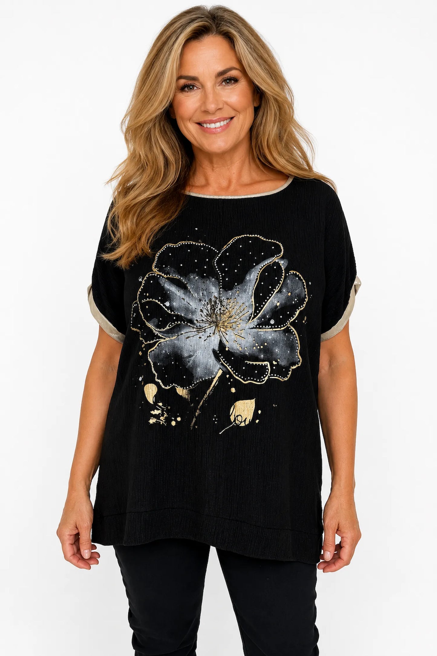 Lightly Textured Golden Diamanté Clover Gold Trim Diana Top - Black