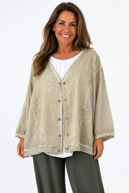Pure Cotton Double Pocket Lara Button Jacket - Washed Stone