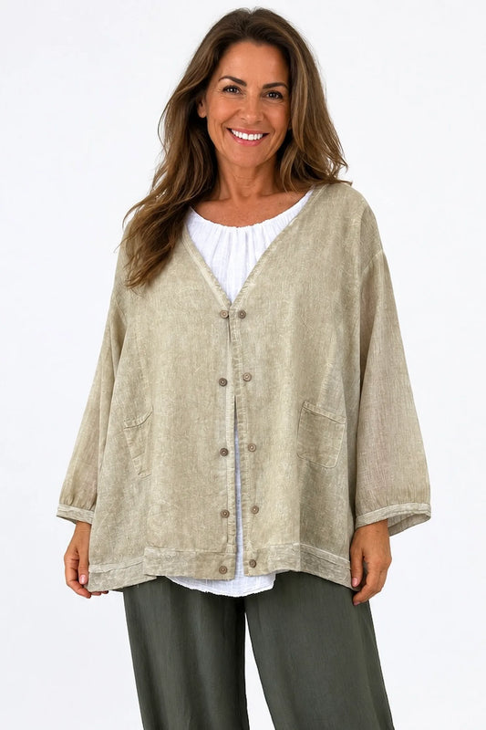 Pure Cotton Double Pocket Lara Button Jacket - Washed Stone