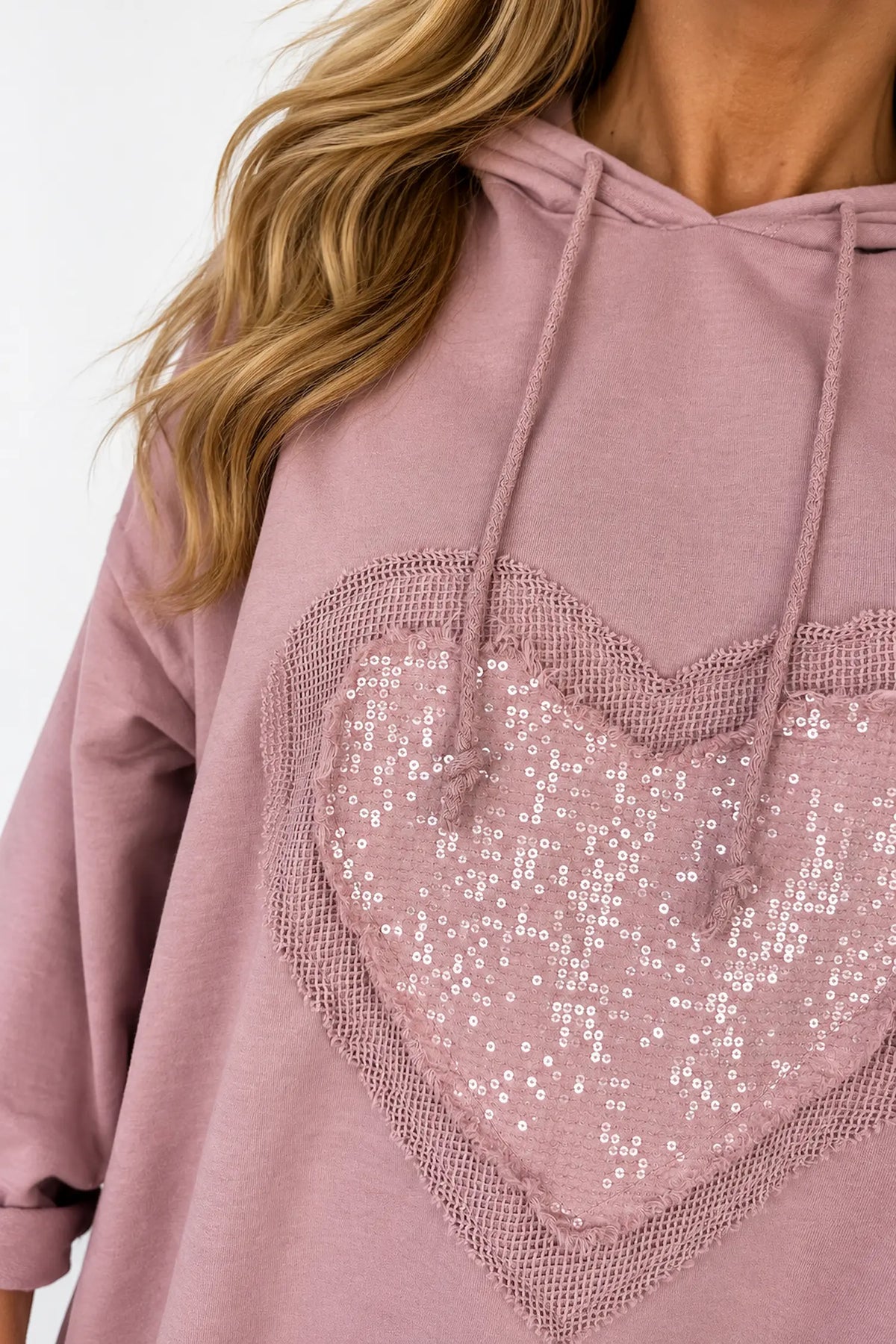 Cotton Sequin Heart Veronica Hoodie - Rosewood Pink
