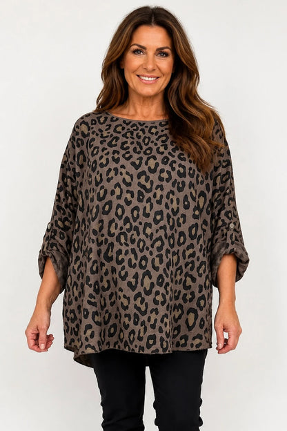 Button Sleeve Tatiana Leopard Top - Mocha