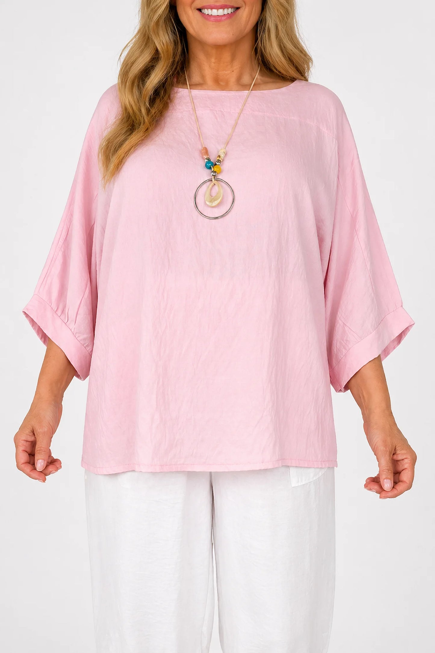 Relaxed Oversized Summer Flow Necklace Top - Baby Pink