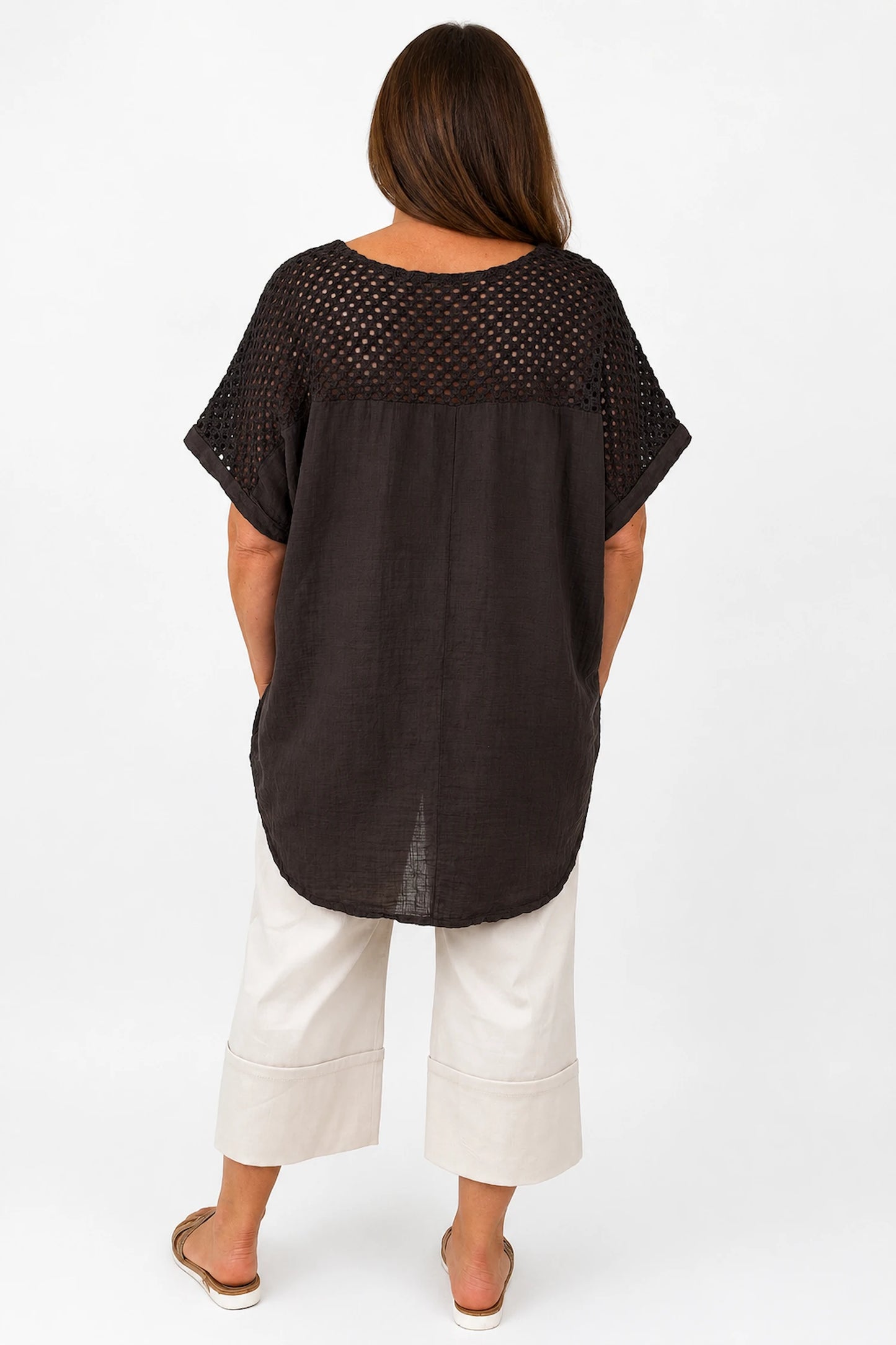 Pure Cotton Crochet Detail Francesca Necklace Top - Chocolate