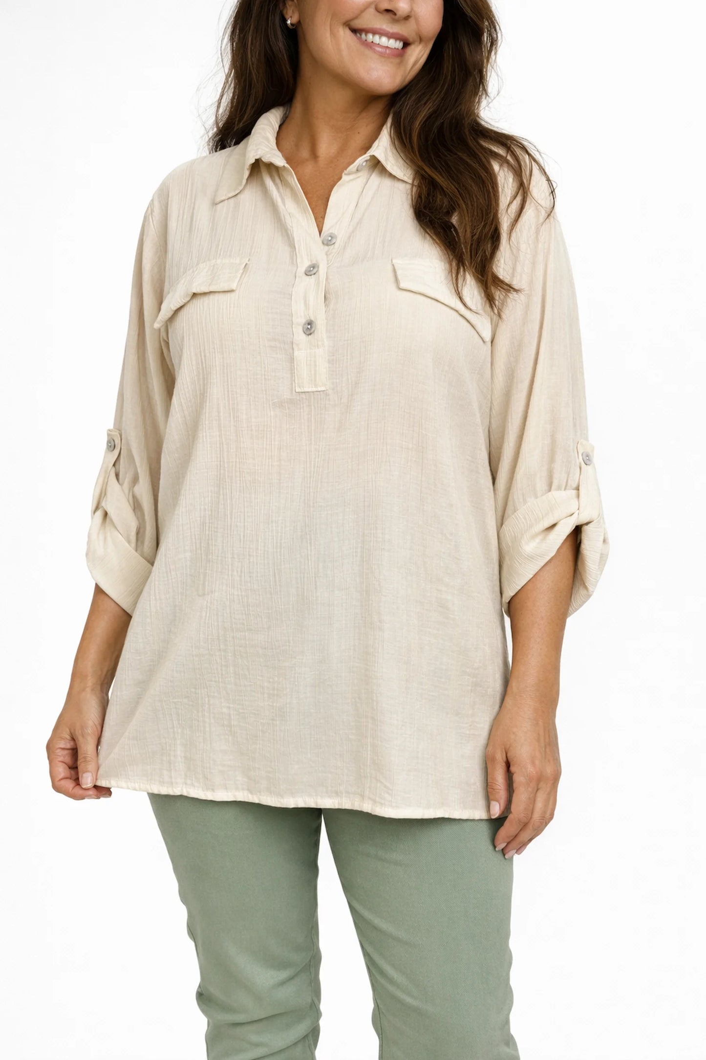 Softly Textured Button Sleeve Flap Detail Lunara Shirt - Beige