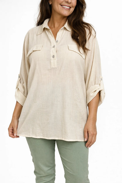 Softly Textured Button Sleeve Flap Detail Lunara Shirt - Beige