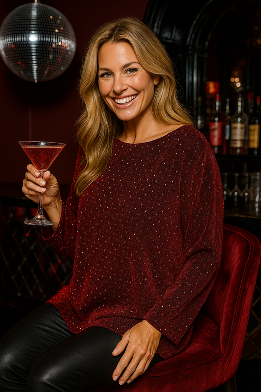 Diamanté Detail Shimmer Veronica Top - Wine