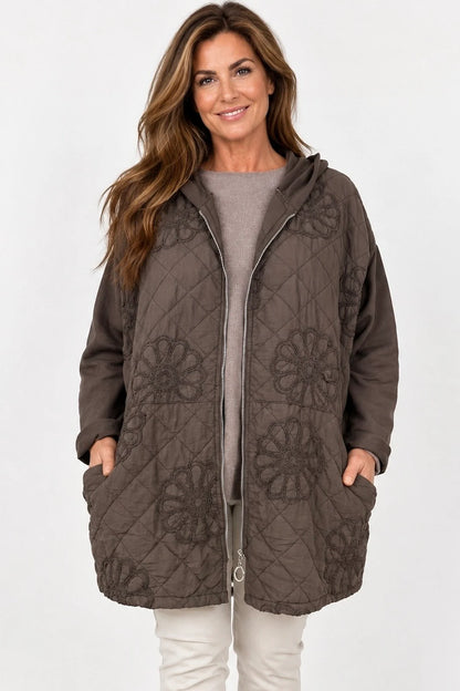 Embroidered Floral Quilted Cotton Hooded Zip Kala Coat – Chocolate