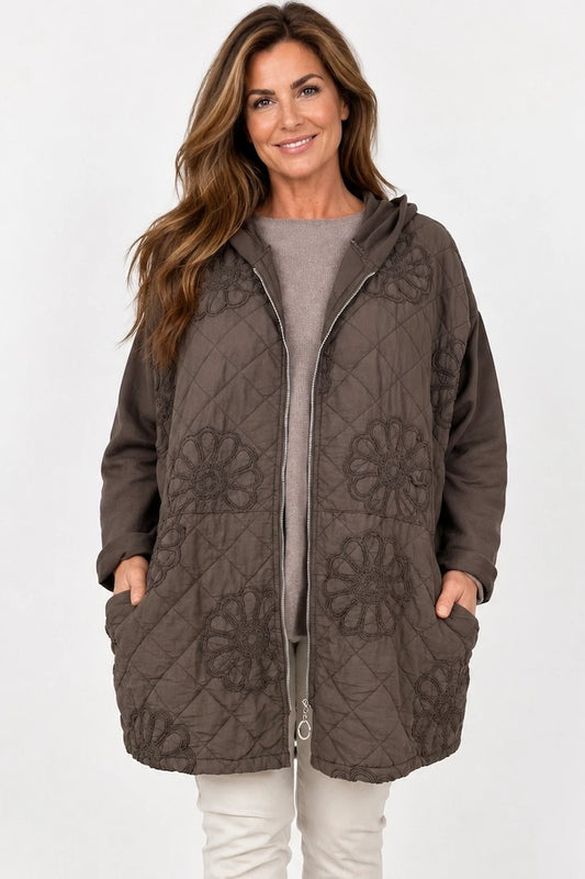 Embroidered Floral Quilted Cotton Hooded Zip Kala Coat – Chocolate