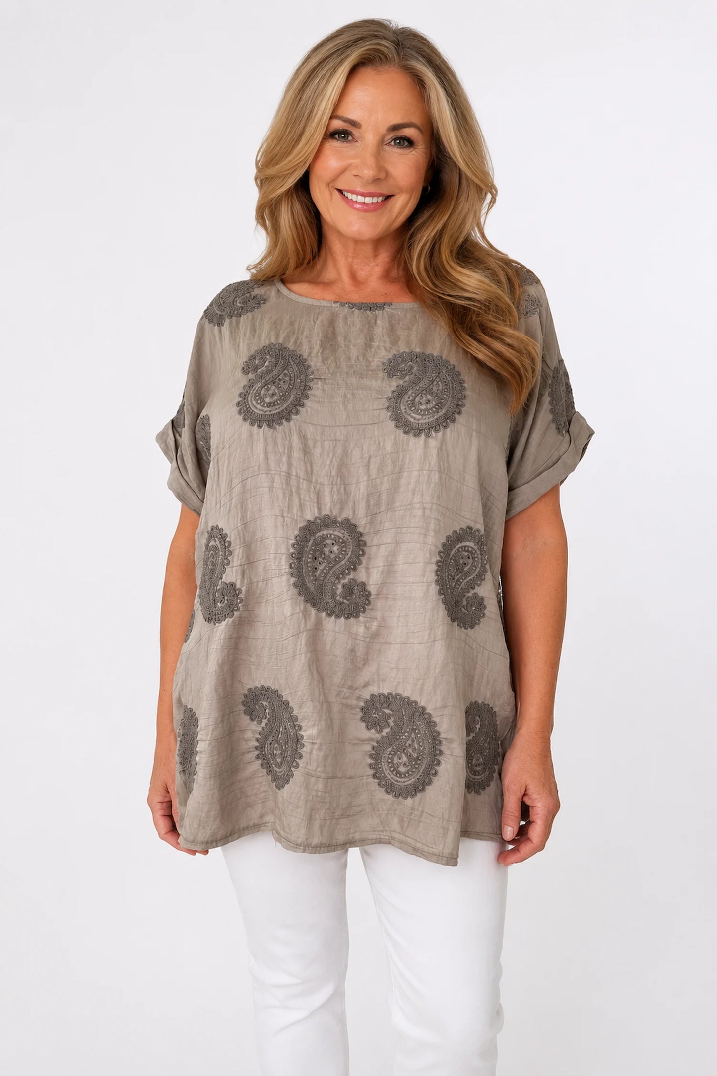 Embroidered Paisley Lightly Textured Eliza Top - Mocha