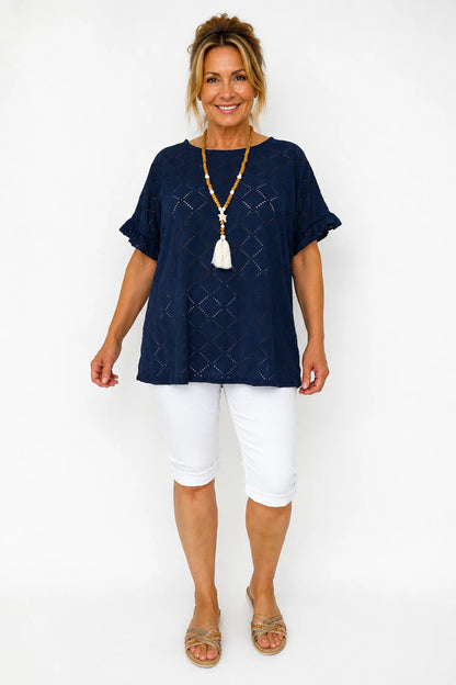 Lightly Textured Frill Sleeve Giana Necklace Top - Navy