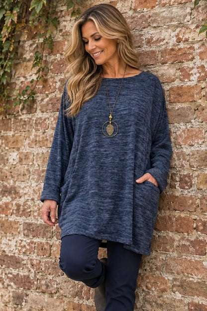 Arabella Tunic Double Pocket Necklace Top - Fleck Midnight Blue