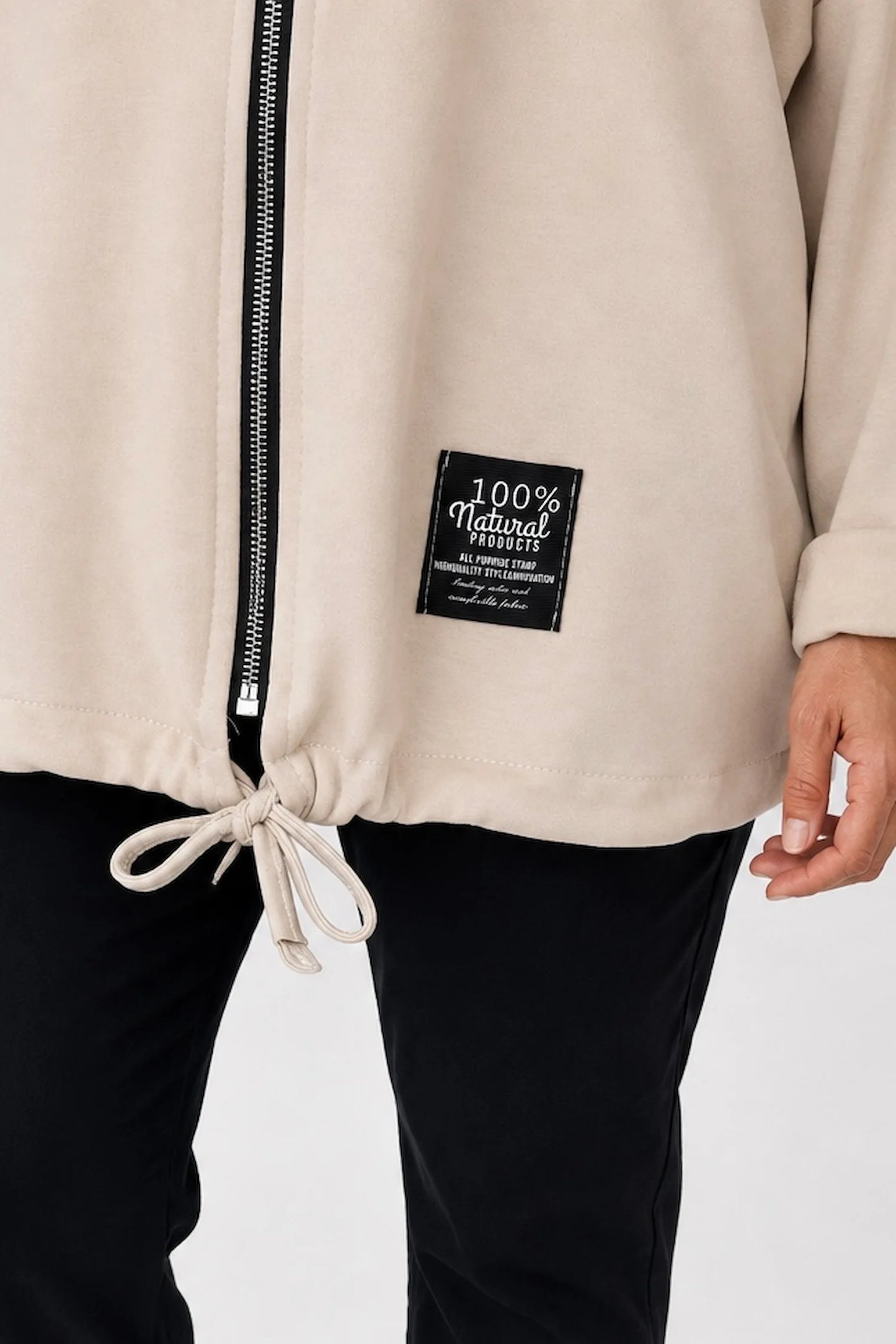 Badge Detail Drawstring Hem Double Pocket Viera Zipped Hooded Jacket - Beige