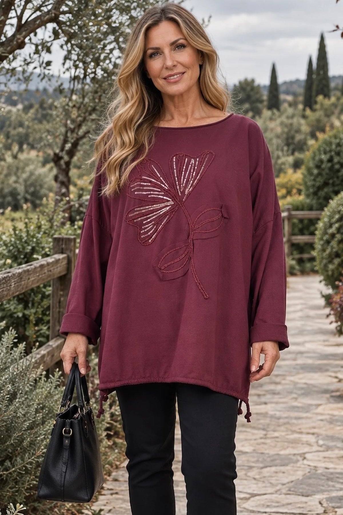 Cotton Embroidered Gold Sequin Floral Manica Tied Hem Top - Wine