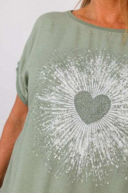 Diamanté Heart Burst Drawstring Hem Detail Faria Top - Light Khaki