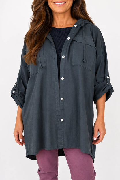 Cotton Double Flap Pocket Button Sleeve Izzy Hooded Overshirt - Black