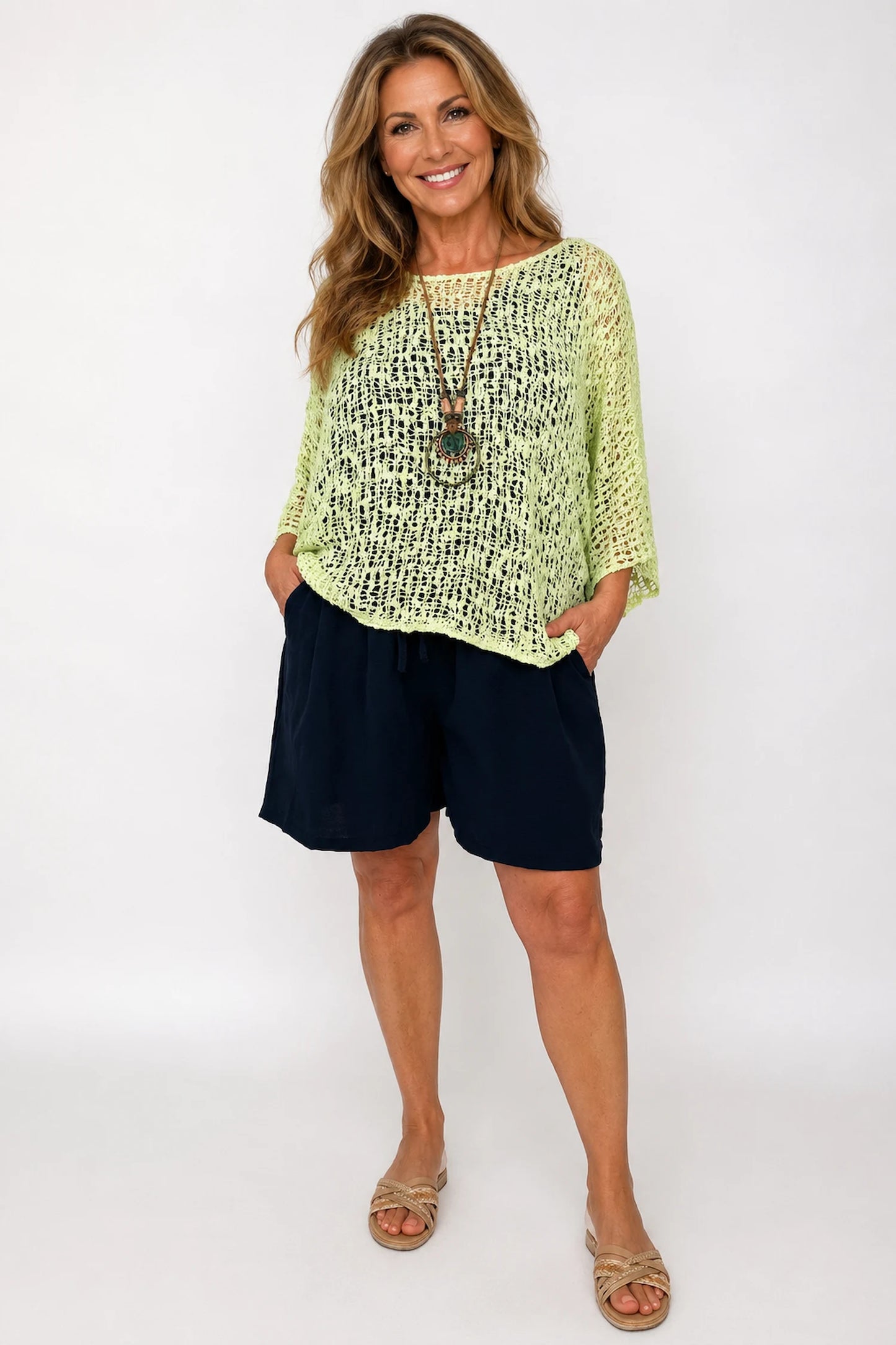 Double Pocket Elasticated Waist Lightweight Flow Mari Shorts - Navy