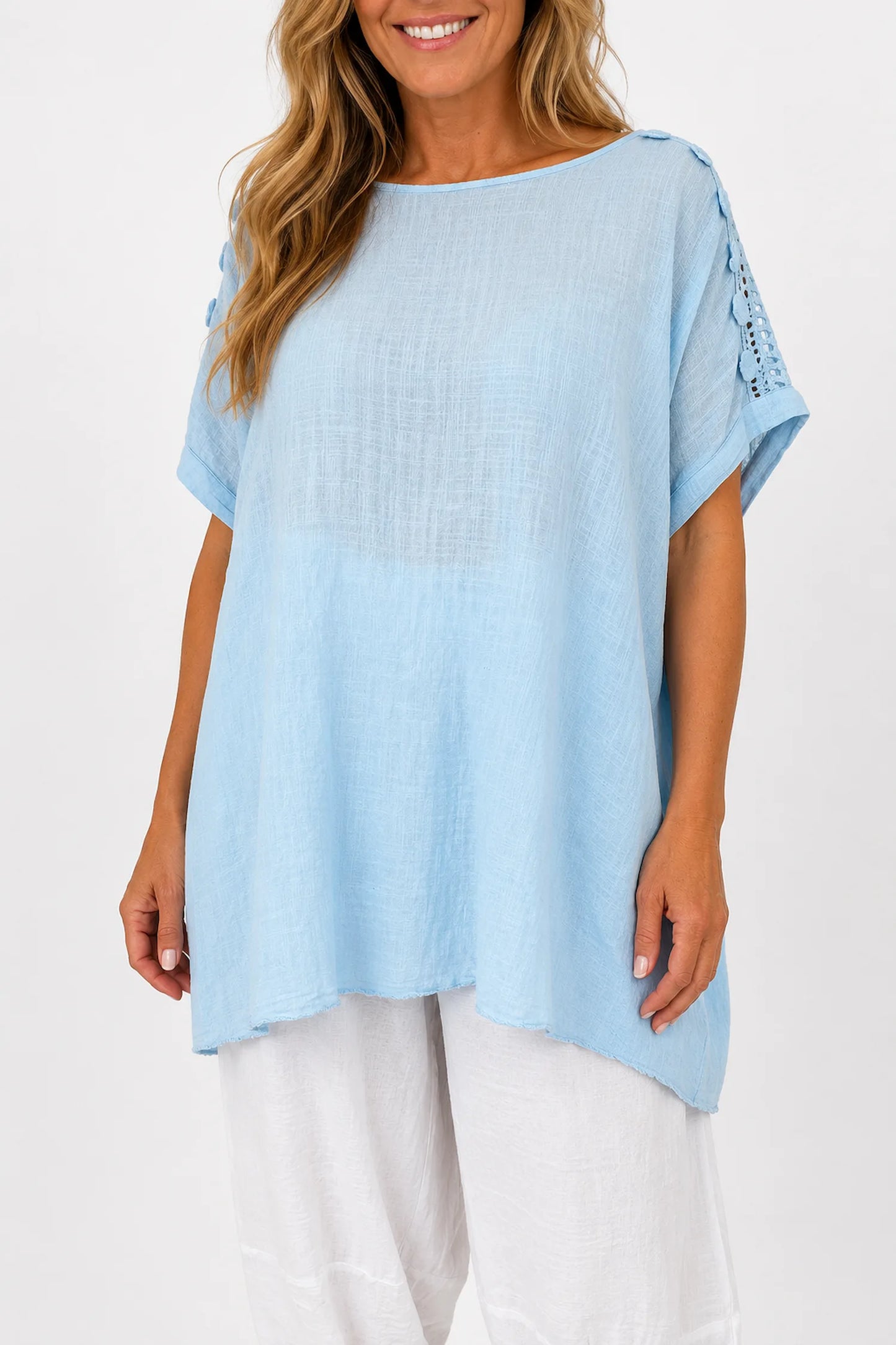 Pure Cotton Embroidered Crochet Sleeve Amira Top - Baby Blue