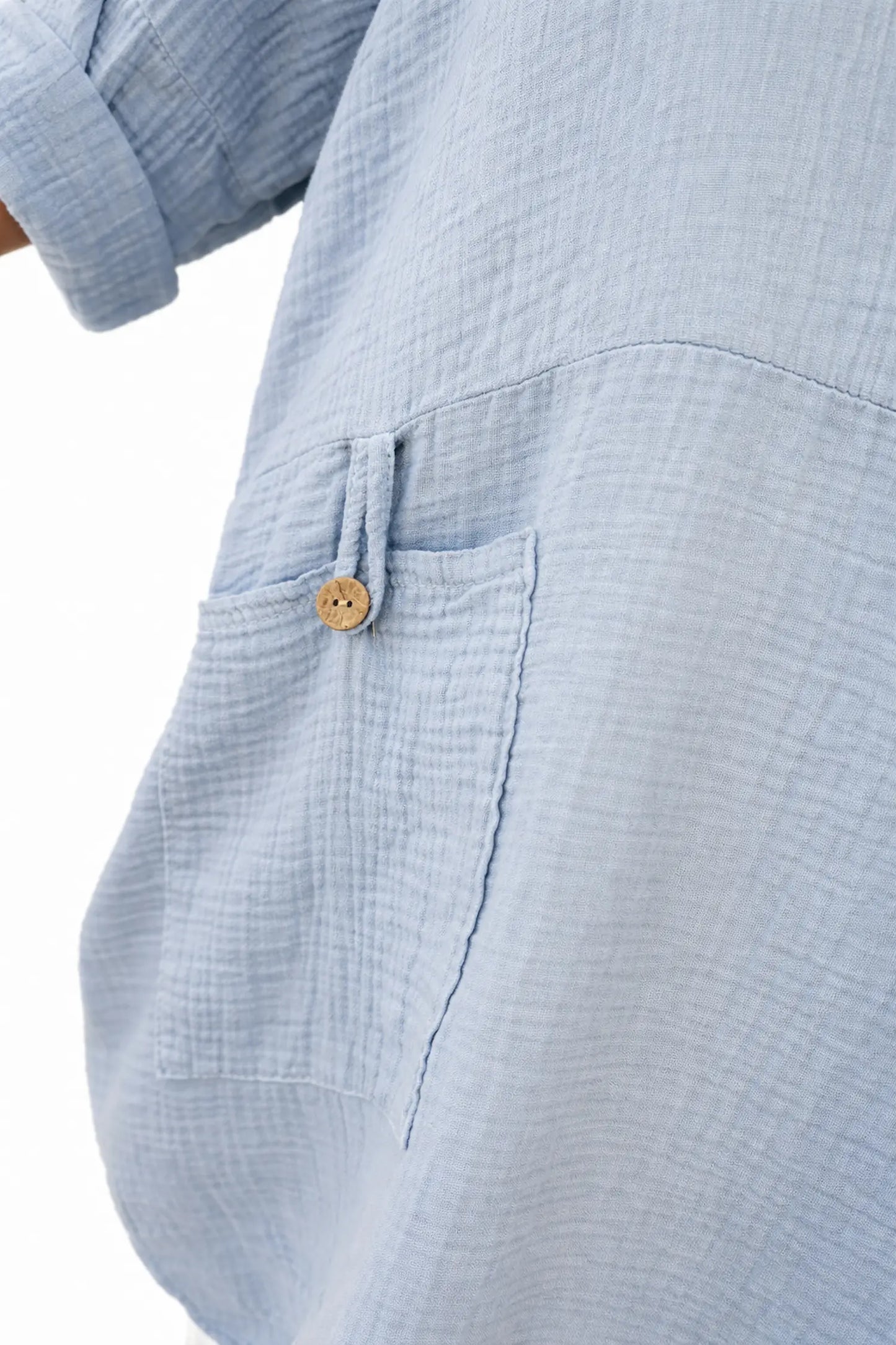 Bubble Cotton Double Button Pocket Tunic Top - Baby Blue