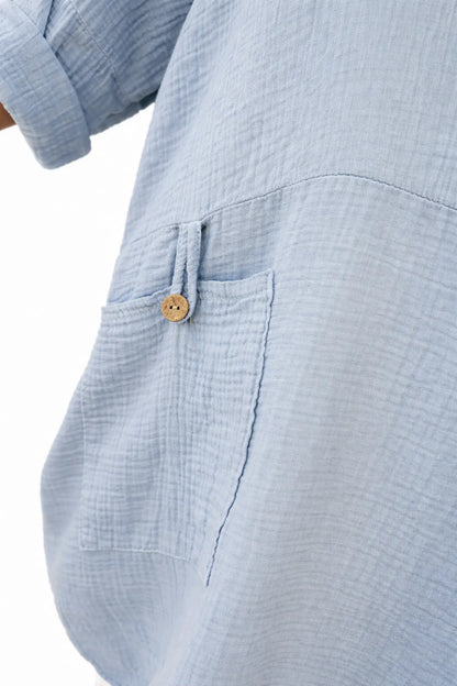 Bubble Cotton Double Button Pocket Tunic Top - Baby Blue