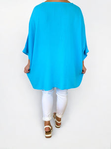 Bubble Cotton Double Pocket Lara Necklace Top - Turquoise