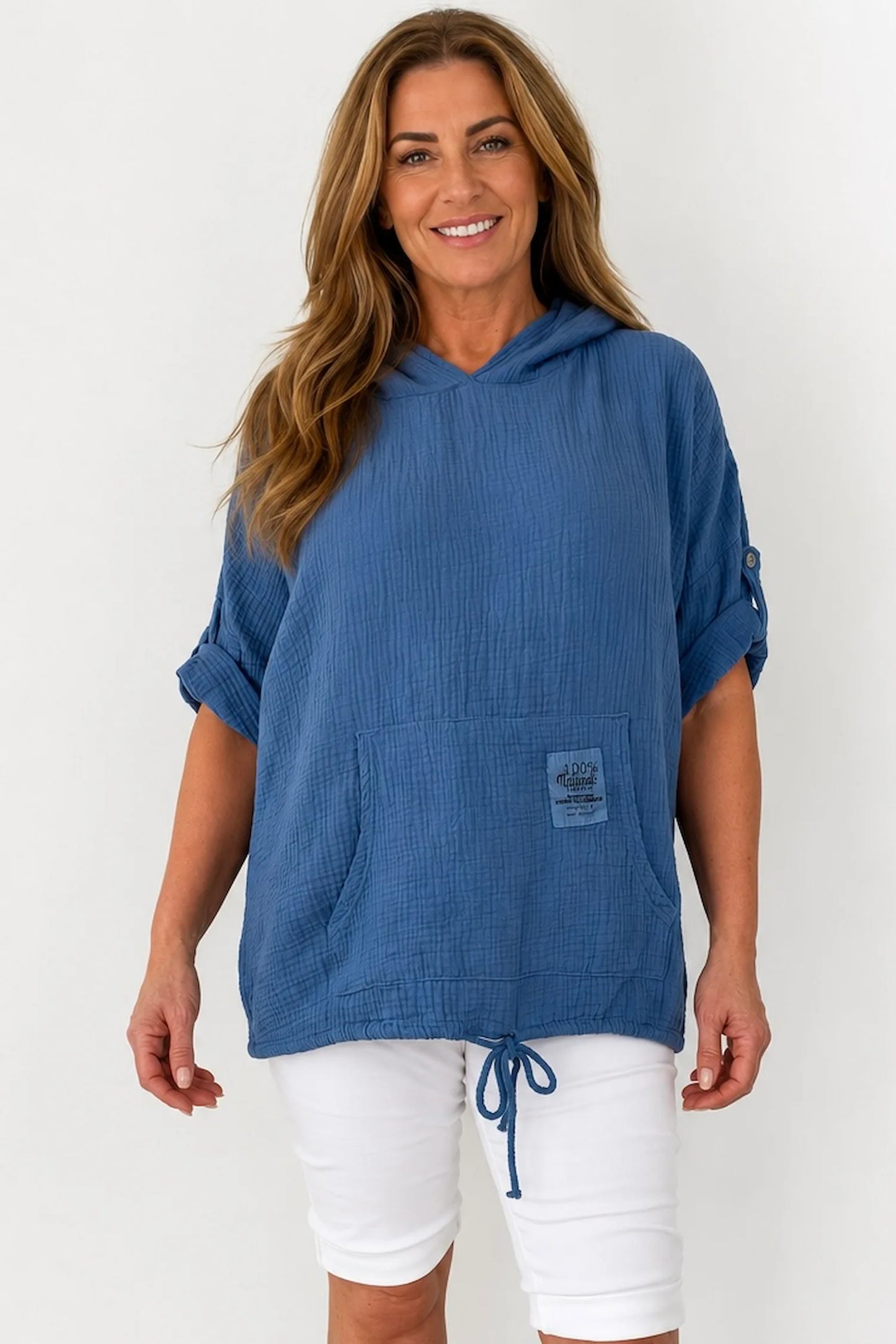Pure Bubble Cotton Button Sleeve Badge Detail Pocketed Zara Hoodie - Denim