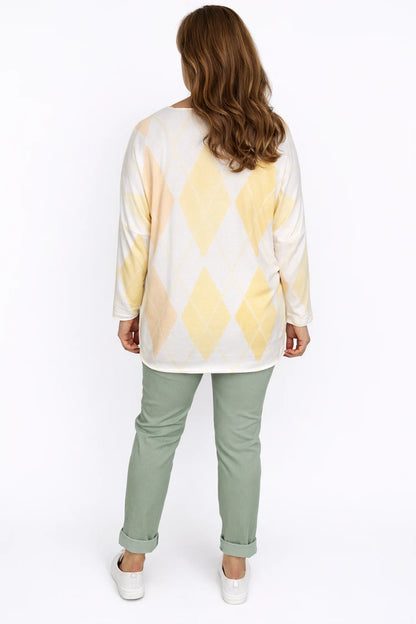 Wool Mix Spring Knit Argyle Florence Top - Light Peach/Yellow