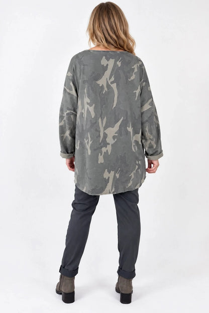Cotton Raw Edge Hem Catia Camo Necklace Top - Dusty Grey