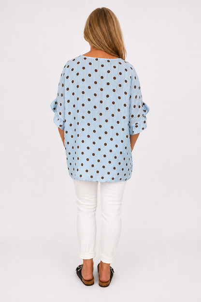 Polka Dot Frill Sleeve Soft Stitch Allegra Top - Baby Blue