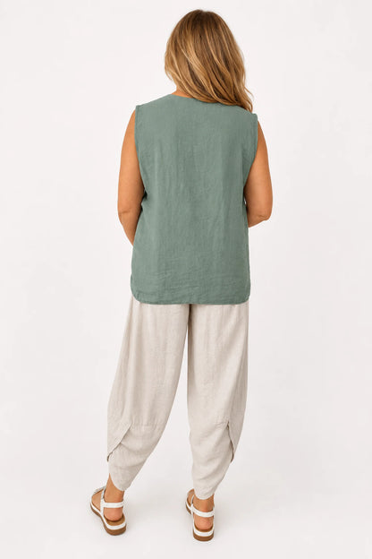 Embroidered Trim Carvela Sleeveless Top - Khaki