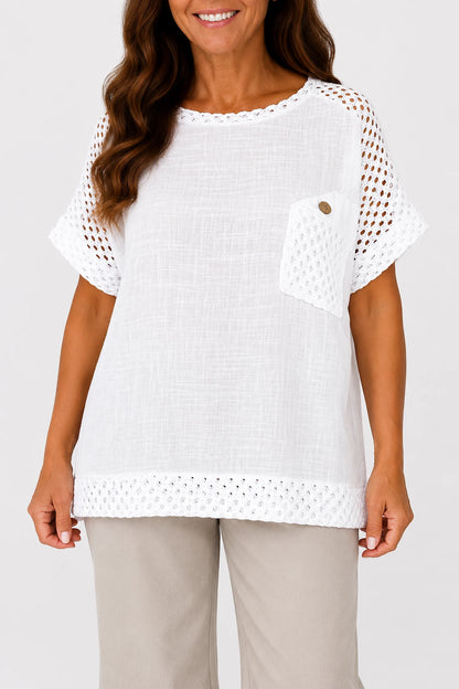 Pure Cotton Crochet Detail Button Pocket Palermo Top - White