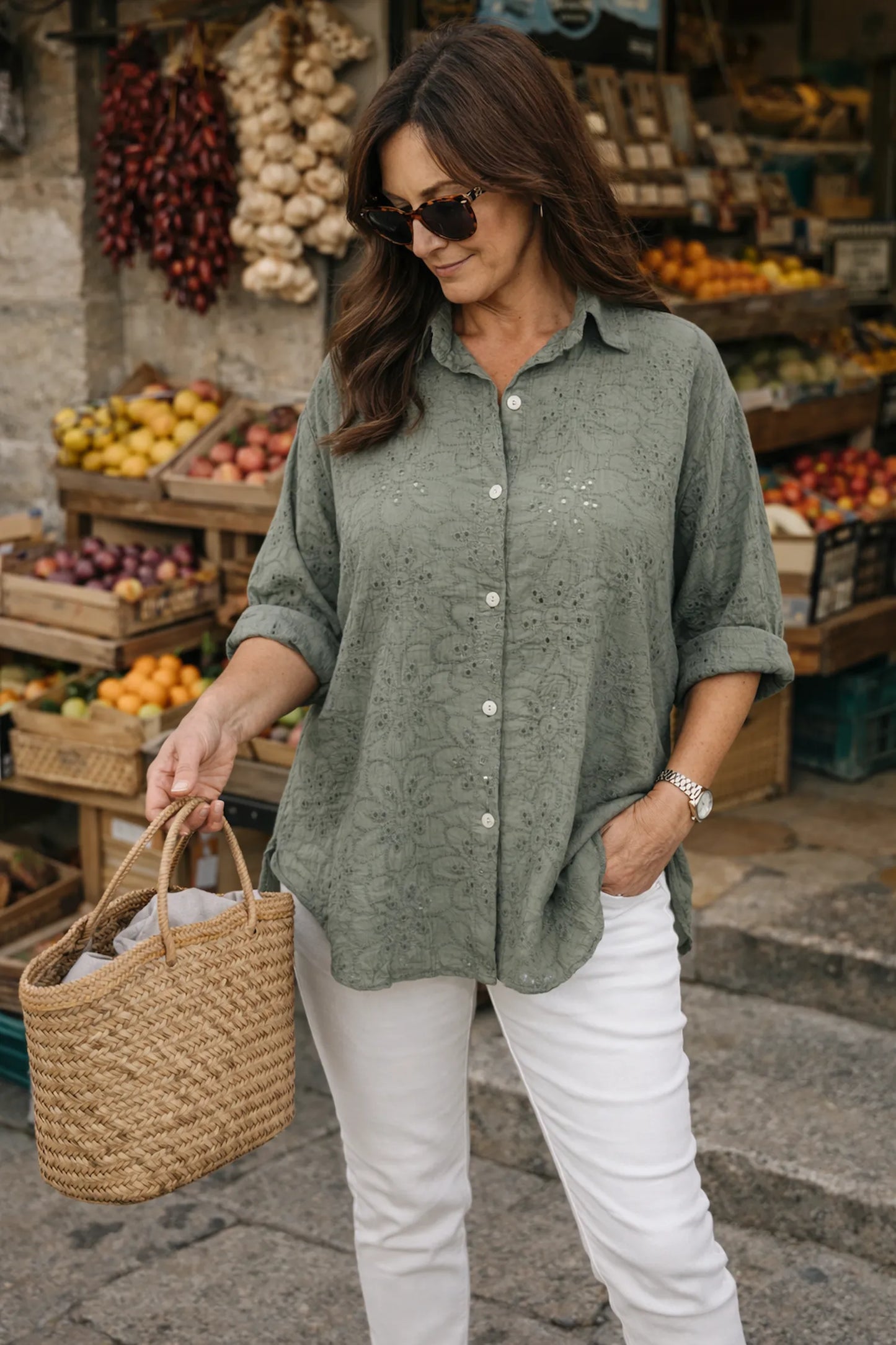 Cotton Embroidery Anglaise Crochet Detail Carlotta Button Shirt - Khaki