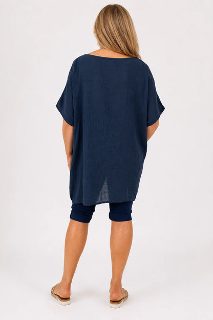 Pure Cotton Double Pocket Coté Tunic Top - Navy