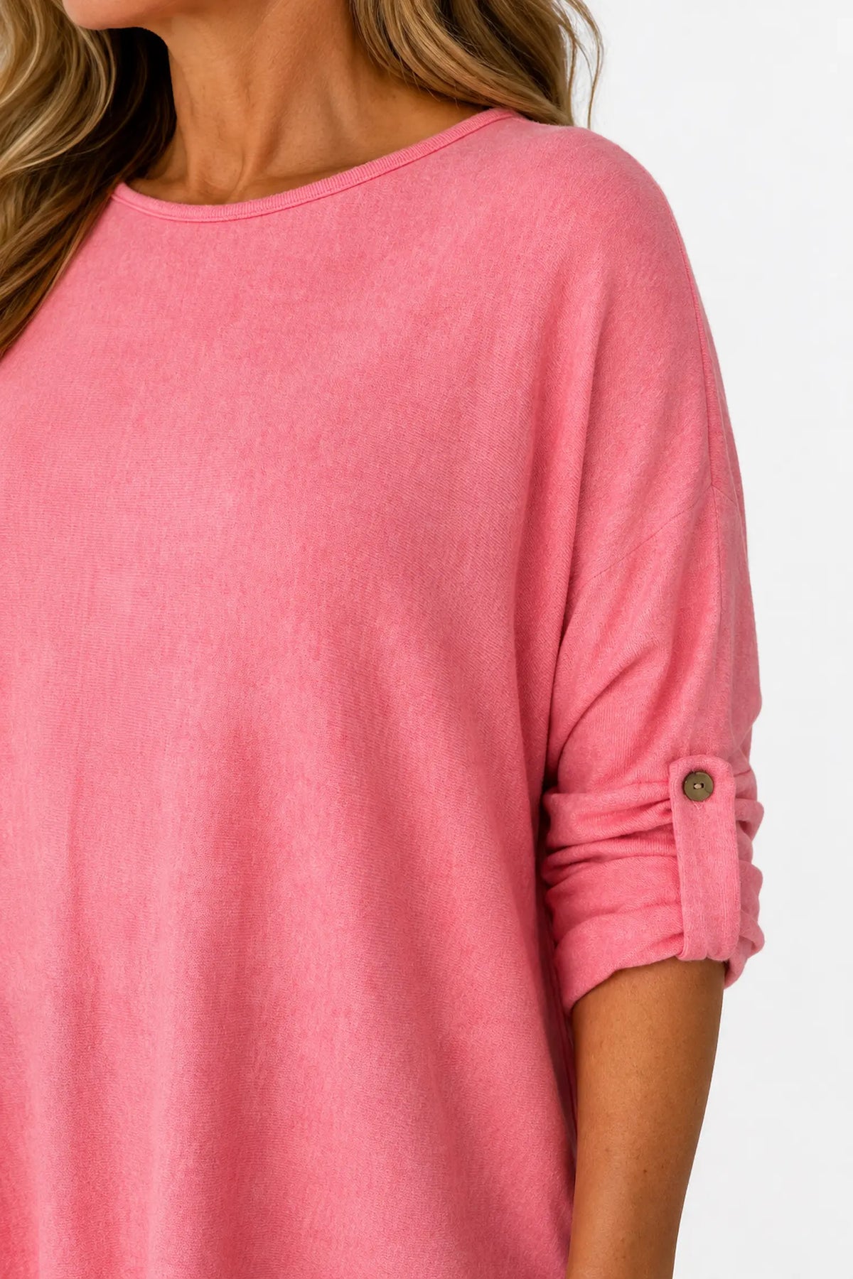 Fine Knit Button Sleeve Batwing Angelica Top - Amalfi Rose