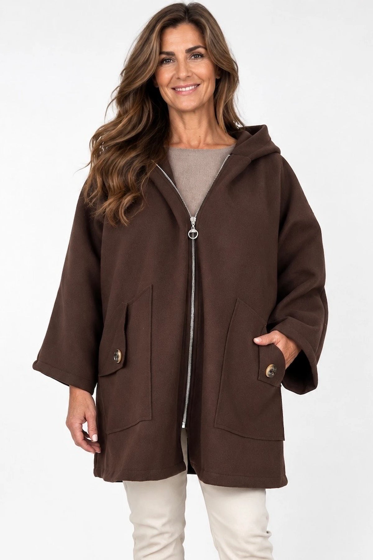 Double Button Pocket Zipped Button Back Sophia Hooded Coat - Chocolate