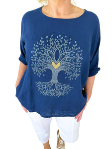 Pure Cotton Diamanté Love Tree Top - Navy