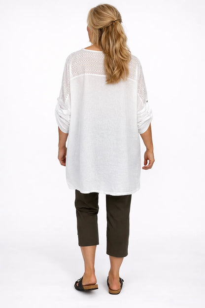 Cotton Crochet Detail Double Pocket Button Sleeve Cláudia Necklace Top - White