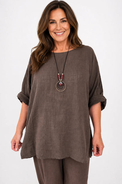 Pure Cotton Linen Look Italia Necklace Top - Chocolate