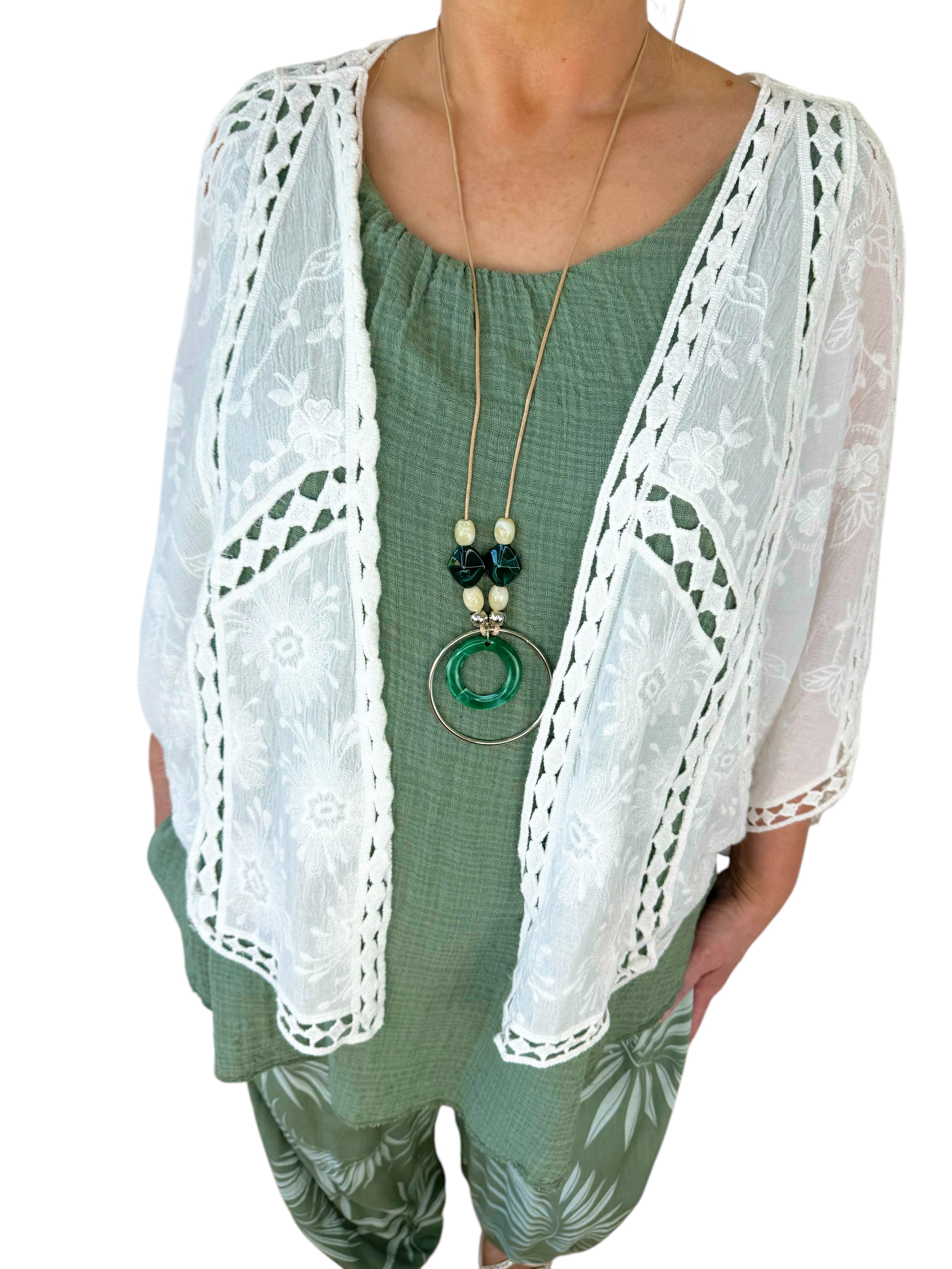 Pure Cotton Embroidery Anglaise Batwing Shrug - White