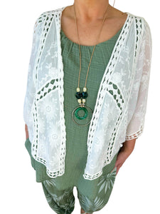 Pure Cotton Embroidery Anglaise Batwing Shrug - White
