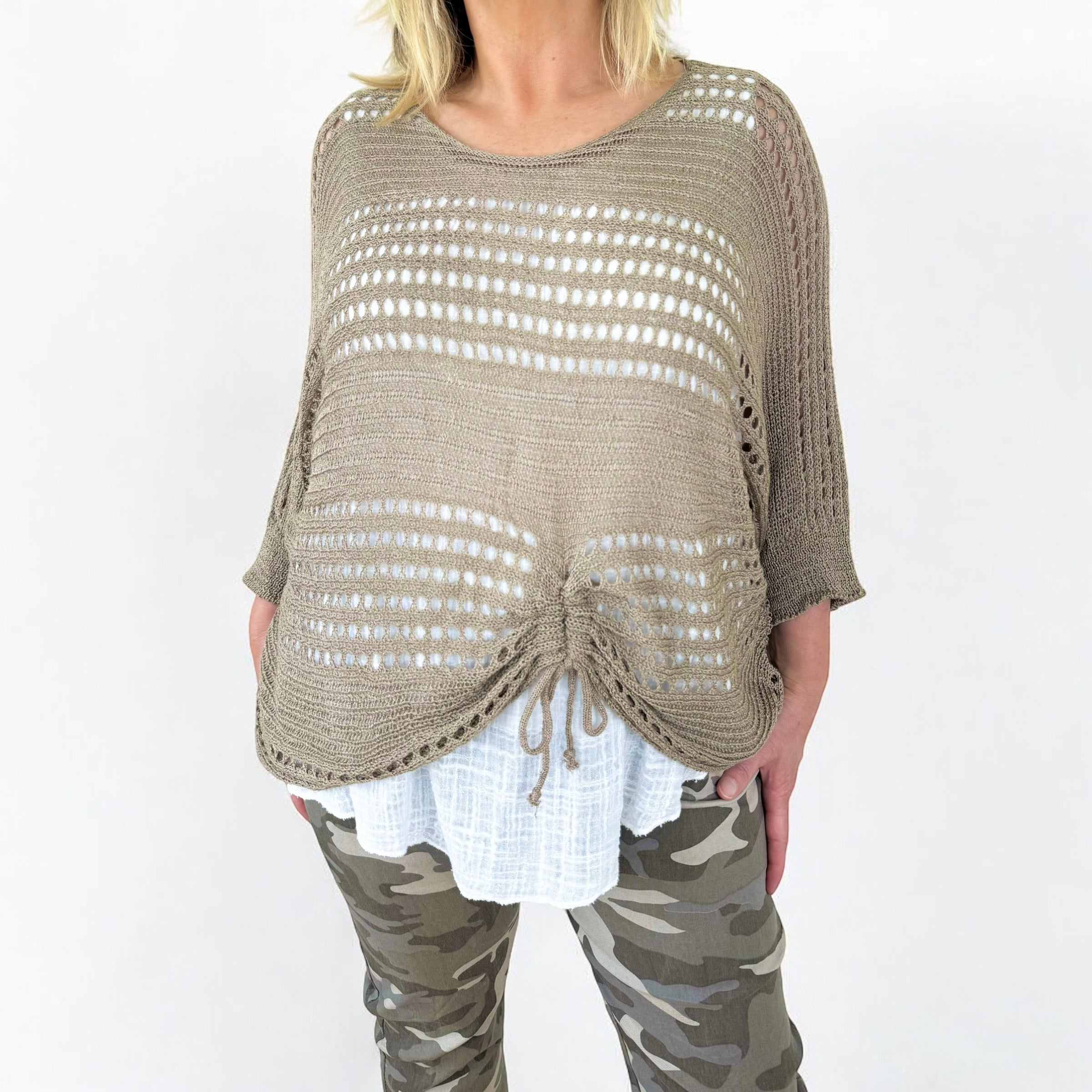 Darla Batwing Rugged Detail Crochet Top - Mocha