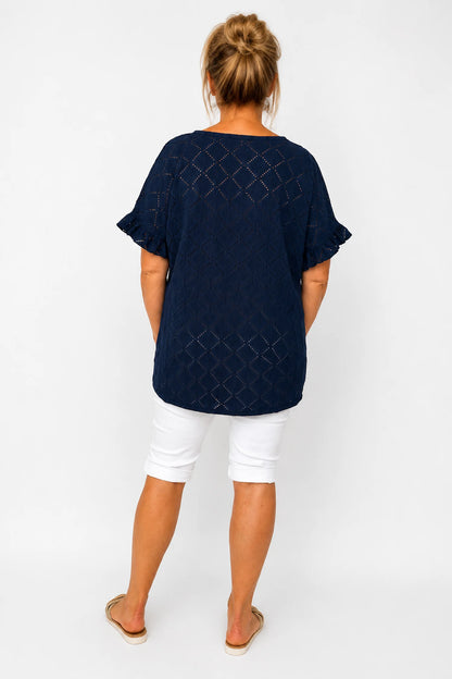 Lightly Textured Frill Sleeve Giana Necklace Top - Navy