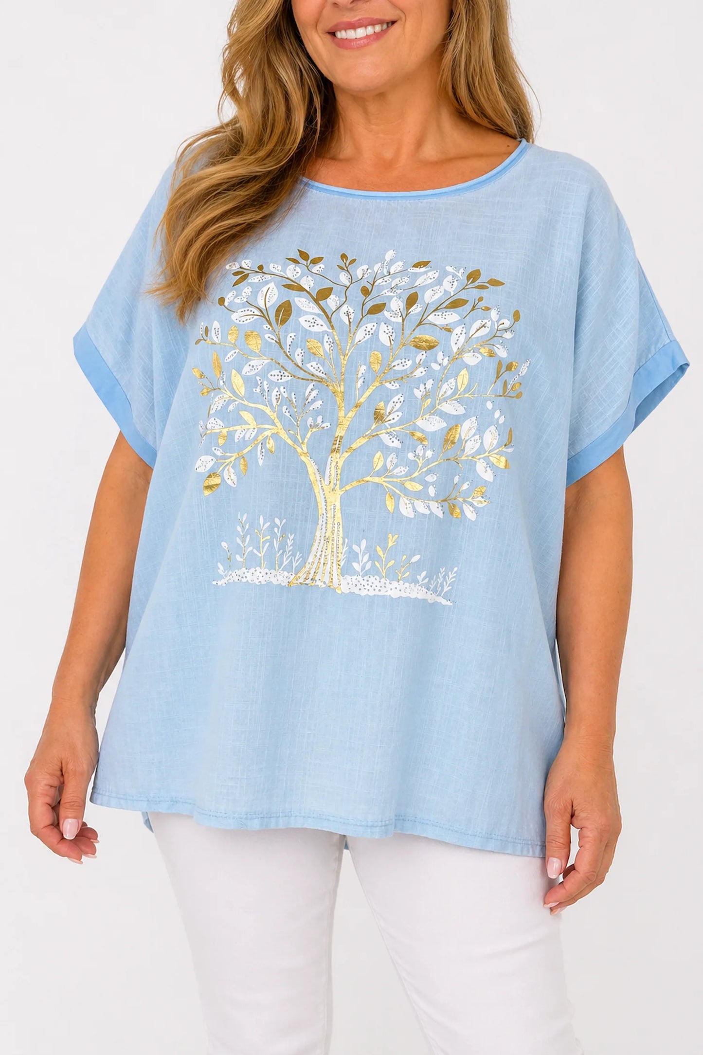 Linen Cotton Mix Diamanté Golden Leaf Carletta Top - Light Denim
