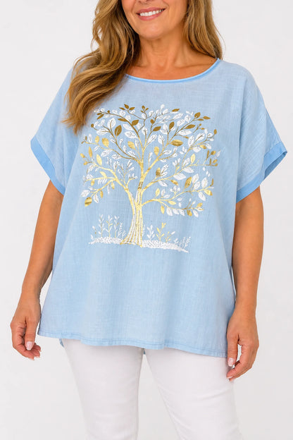 Linen Cotton Mix Diamanté Golden Leaf Carletta Top - Light Denim